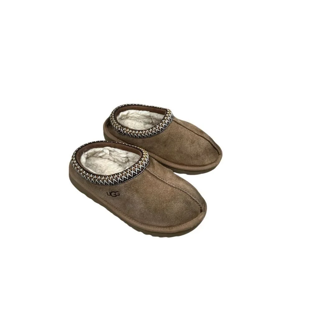 UGG Tasman Slippers Kids Youth 1Y Chestnut Light Brown Fur Lined Suede Slip On